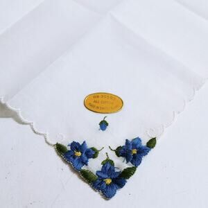 Vtg Blue Floral Embroidered Handkerchief Cottagecore Hankie Switzerland NOS